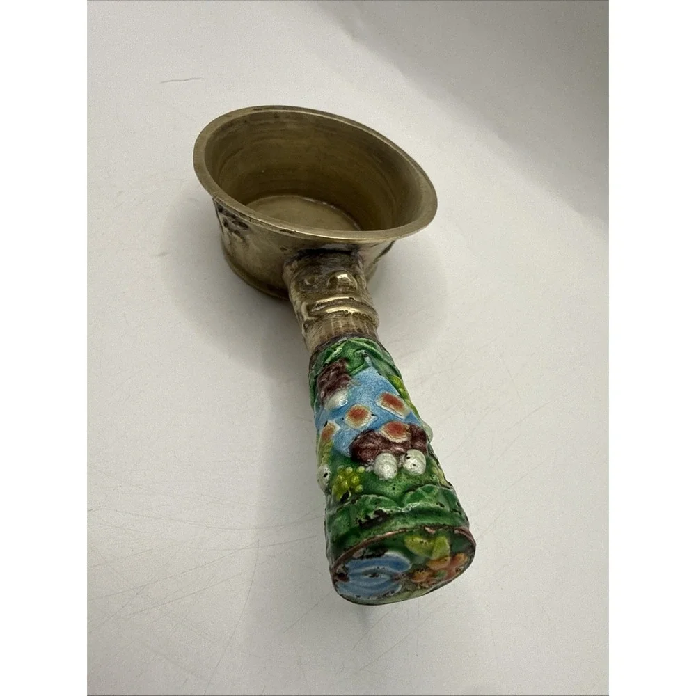 Vintage 1960's Brass Chinese Silk Iron With Enamel Cloisonné Handle Scoop